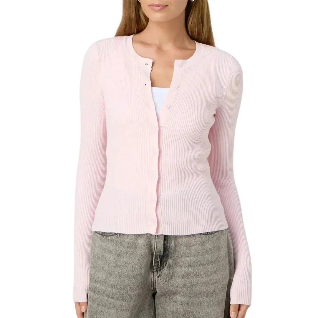 Cardigan ajusté jaune à manches longues côtelées en tricot doux pour femme.