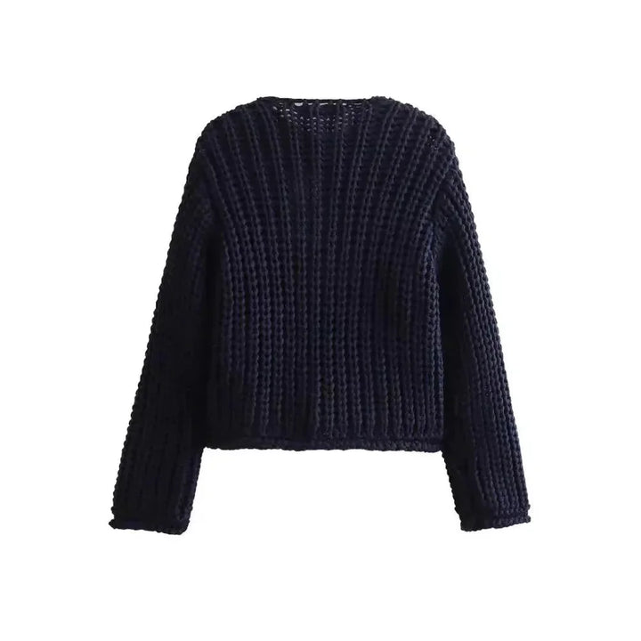 Cardigan femme bleu marine, coupe décontractée, à boutons, manches longues et décolleté en V.