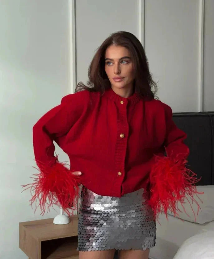 Cardigan Donna Maniche a Piume con Bottoni - Vesarelli