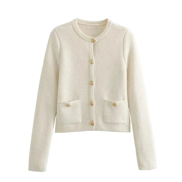 Cardigan femme tricoté blanc avec boutons, en coton doux, idéal pour le superposition.