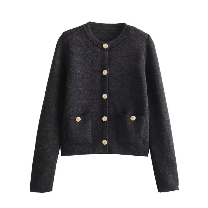 Cardigan noir pour femme, tricoté, avec boutons, design classique et polyvalent, facile à assortir.