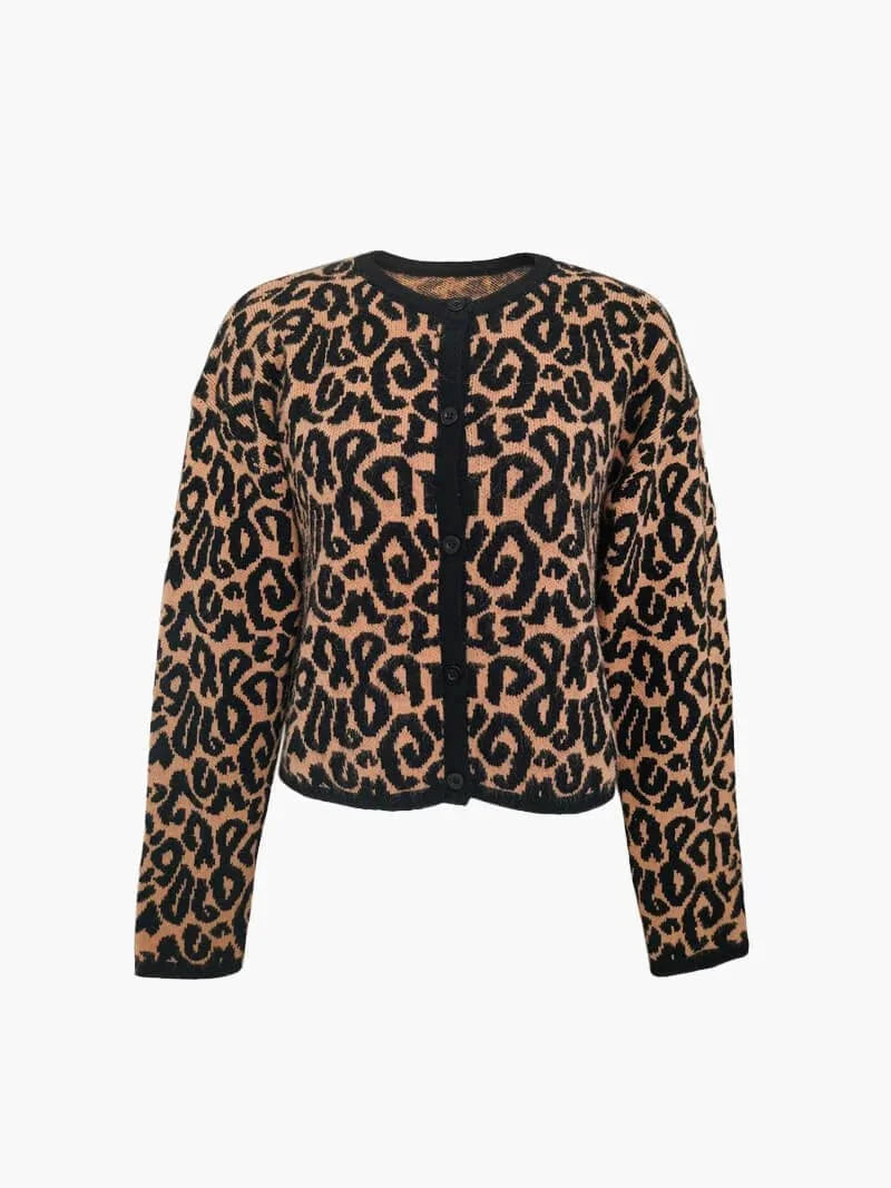 Cardigan femme en tricot avec boutons, imprimé léopard, coupe décontractée, adapté pour l'hiver.
