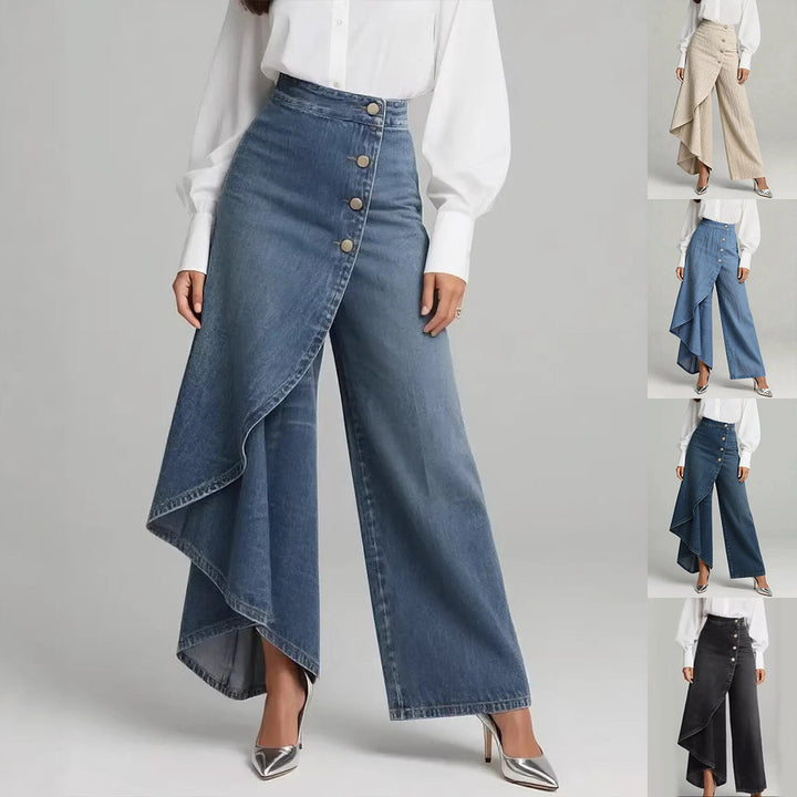 Pantaloni Donna Finto Denim Gamba Dritta Bottoni Arricciati - Vesarelli