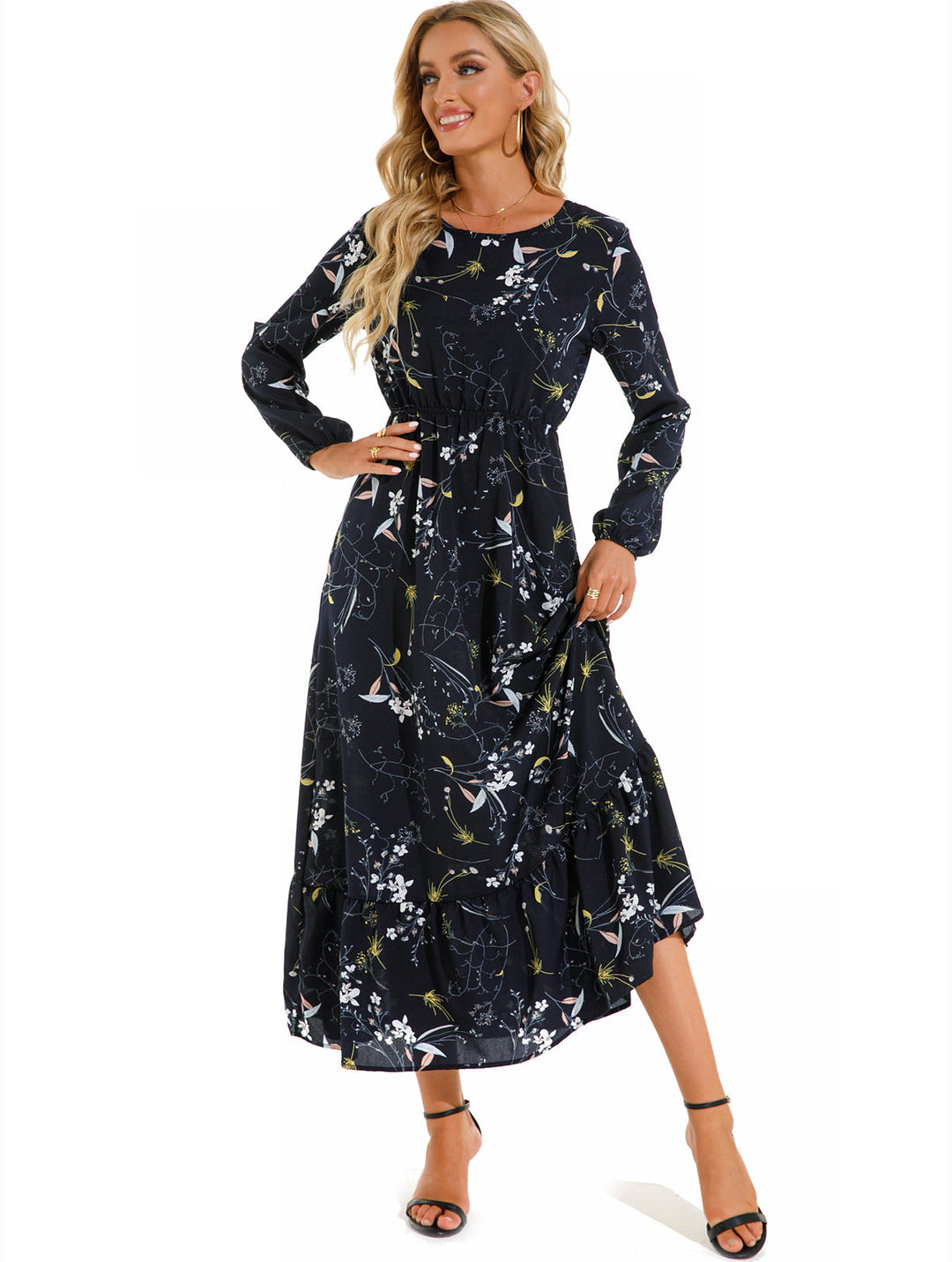 Abito Donna in Chiffon Floreale Scollo Rotondo Elegante