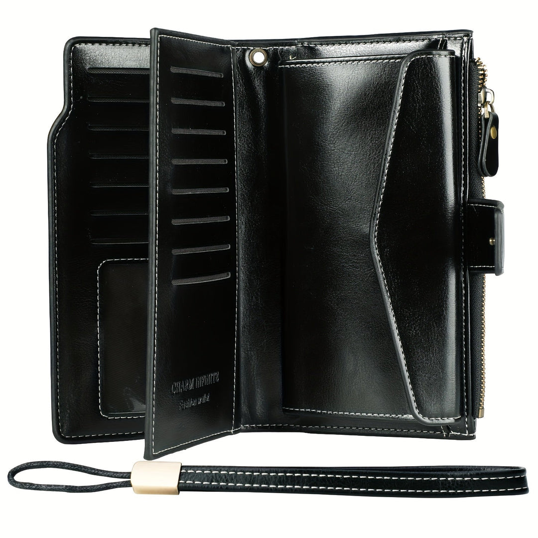 Portafoglio in pelle nera da uomo, design elegante con zip, scomparti per carte e banconote, cinturino da polso. Accessorio moda maschile.