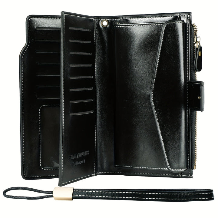 Portafoglio in pelle nera da uomo, design elegante con zip, scomparti per carte e banconote, cinturino da polso. Accessorio moda maschile.