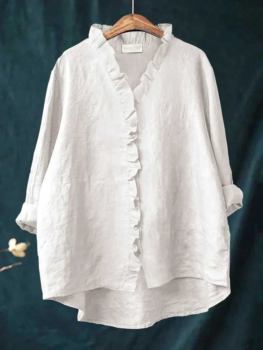 Camicia Donna in Lino Cotone con Volant e Bottoni Manica Corta