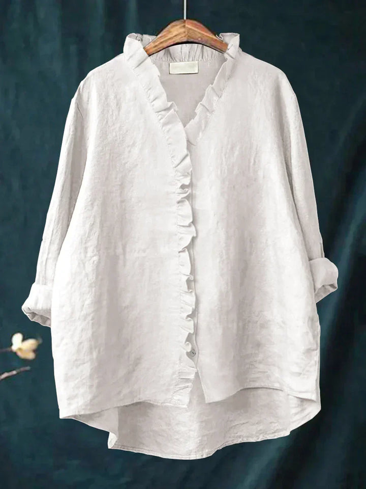 Camicia Donna in Lino Cotone con Volant e Bottoni Manica Corta
