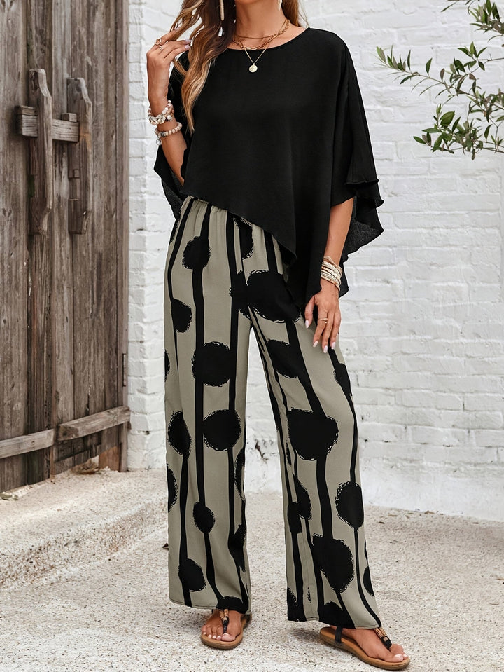 Set Due Pezzi Donna Pantaloni Gamba Larga Stile Boho Chic