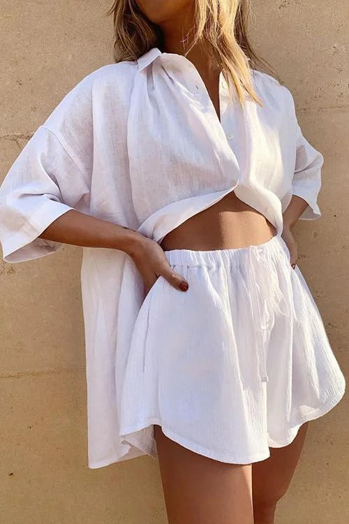 Set Estivo Donna Lino Camicia Abbottonata e Pantaloncini Vita - Vesarelli