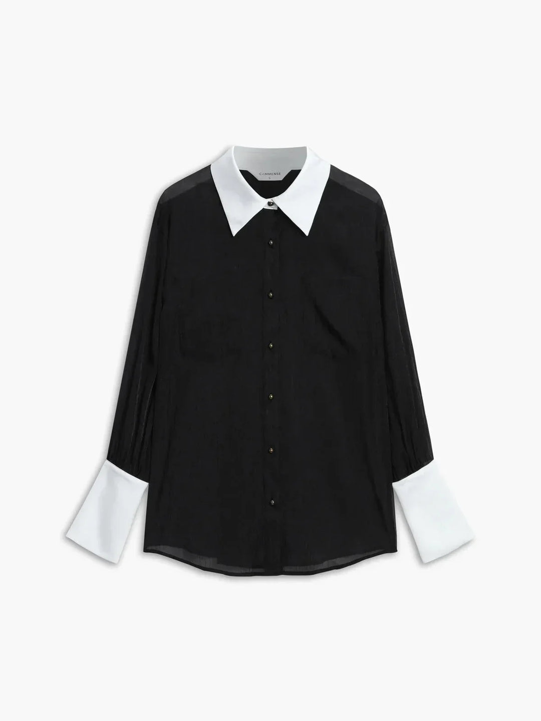 Chemisier femme noir transparent avec boutons, col élégant, en tissu léger et fluide, parfait pour un look chic et féminin.