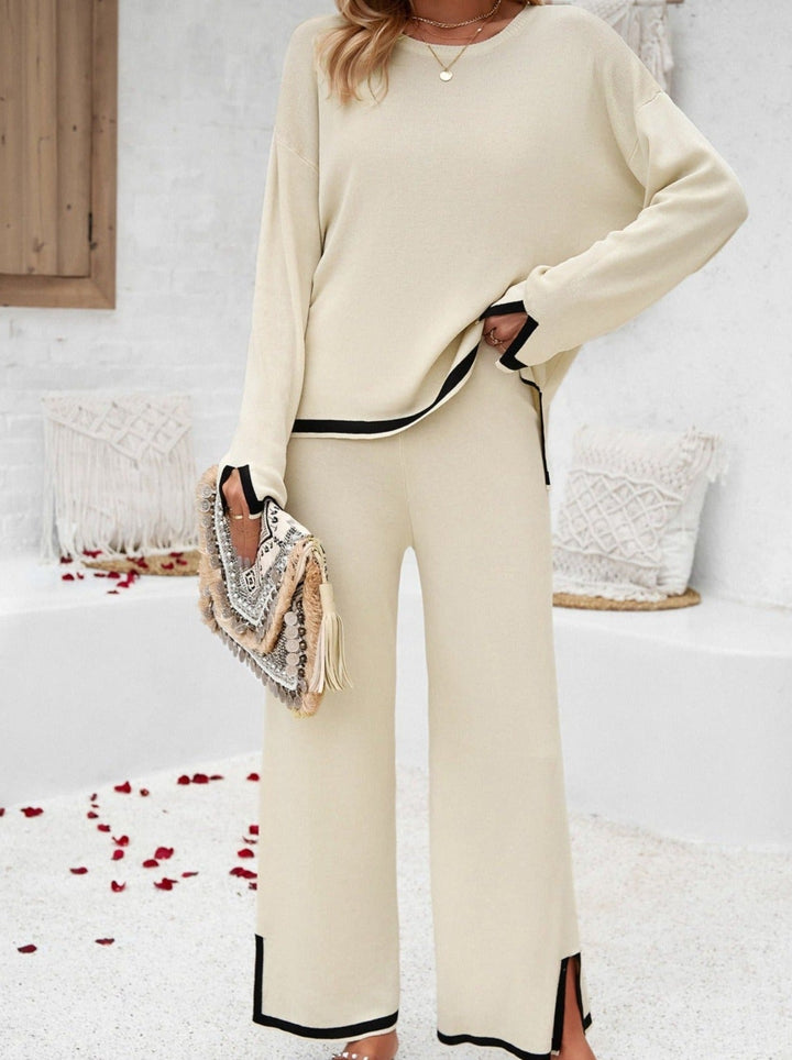 Completo Donna in Maglia Scollo Rotondo Pantaloni Gamba Larga - Vesarelli