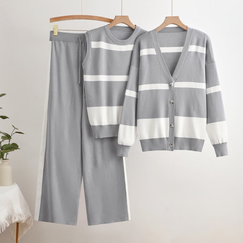 Completo Donna Maglia Gilet a Righe Canotta e Pantaloni Eleganti - Vesarelli