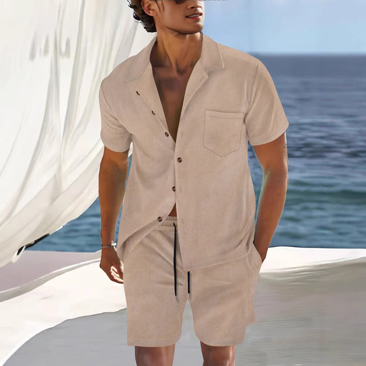 Completo Uomo Lino Camicia Maniche Corte Pantaloncini Coordinato - Vesarelli
