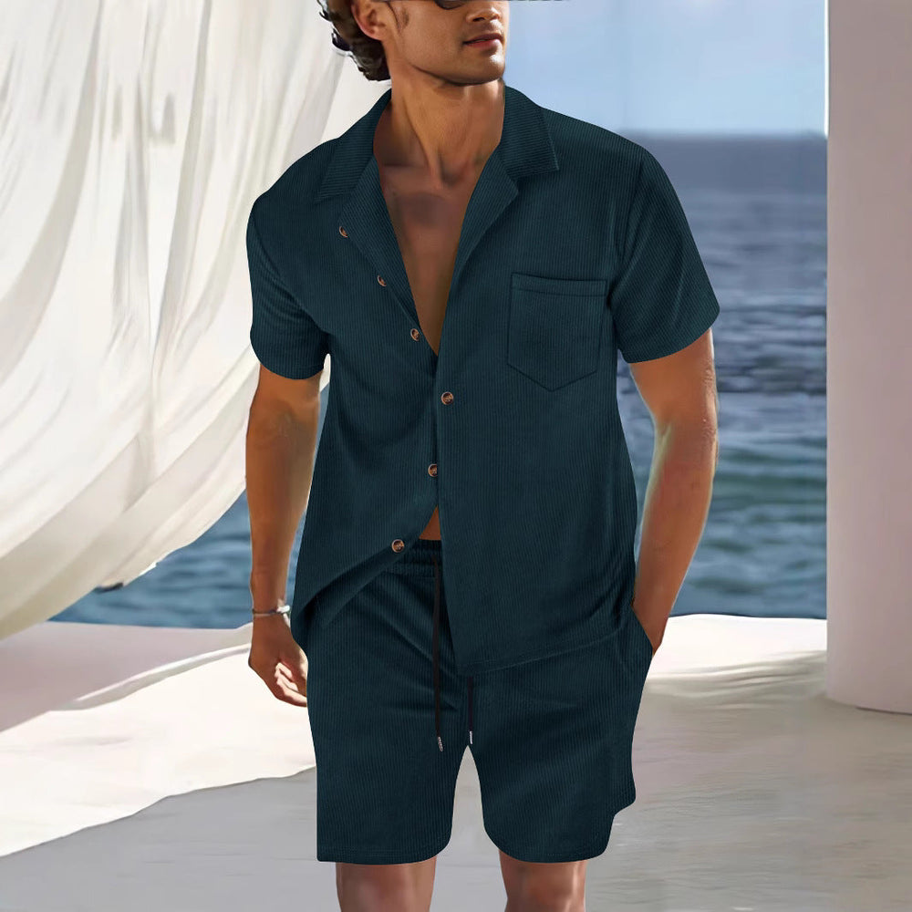 Completo Uomo Lino Camicia Maniche Corte Pantaloncini Coordinato - Vesarelli