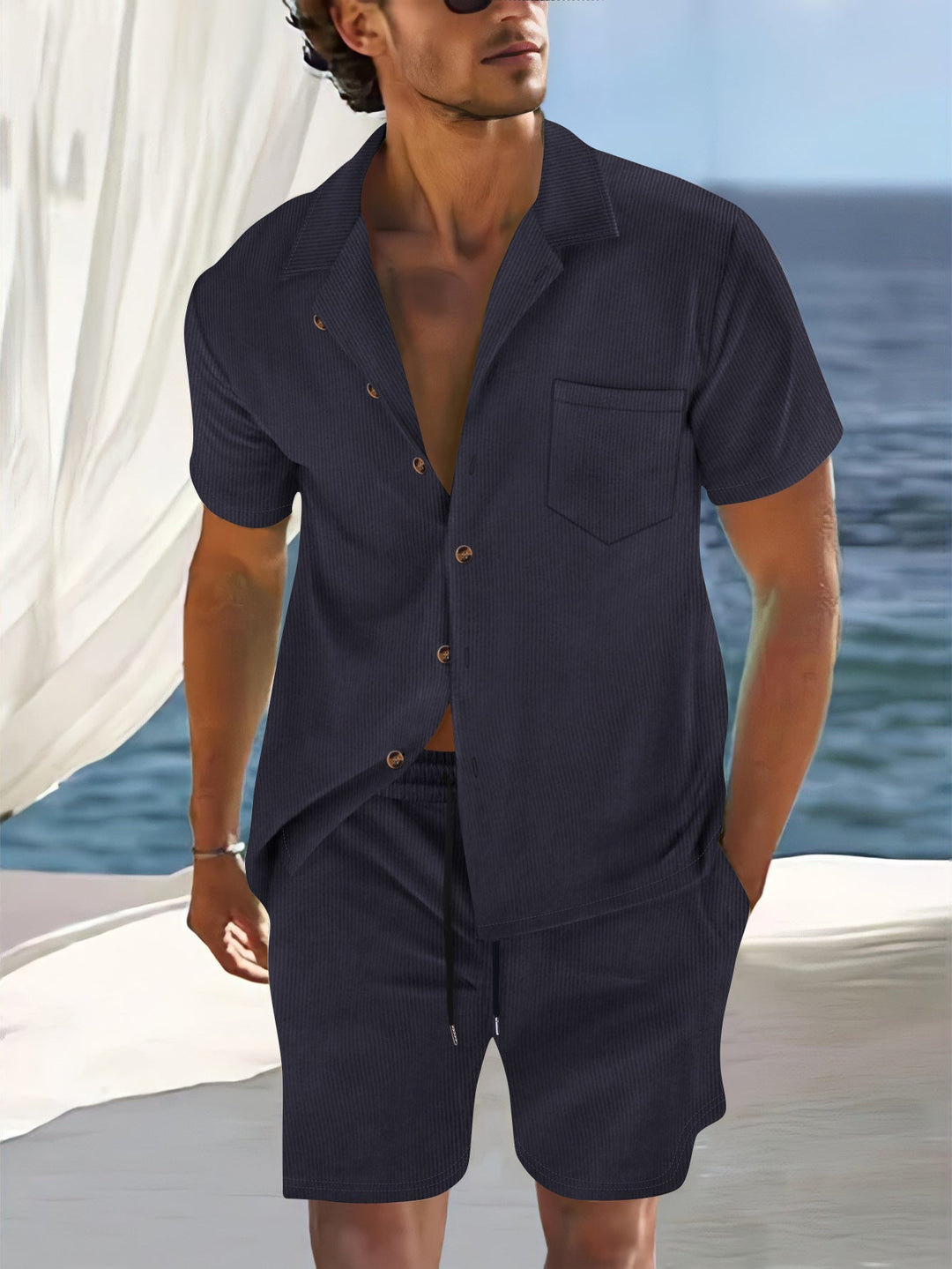 Completo Uomo Lino Camicia Maniche Corte Pantaloncini Coordinato - Vesarelli