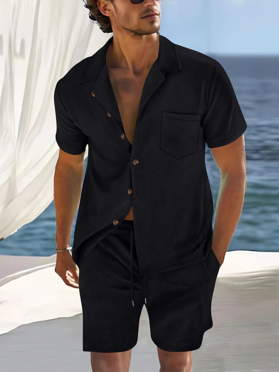 Completo Uomo Lino Camicia Maniche Corte Pantaloncini Coordinato - Vesarelli