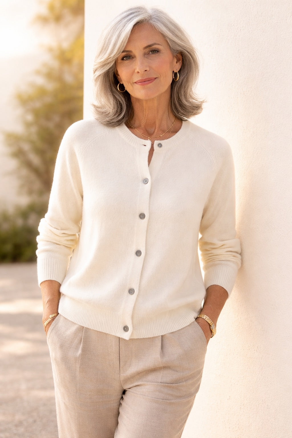 Cardigan Donna Lana Merino Bottoni Scollo Rotondo Mezza Stagione