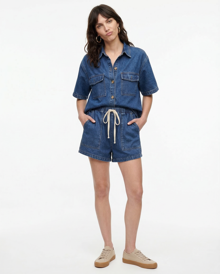 Set Estivo Donna Camicia Cotone Shorts Vita Elastica