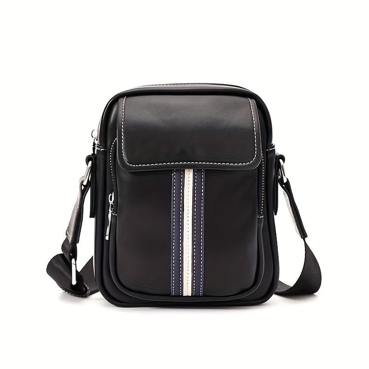 Borsa a tracolla in pelle nera con strisce decorative, tasca frontale con zip, design elegante e moderno, ideale per uomo, accessorio moda.