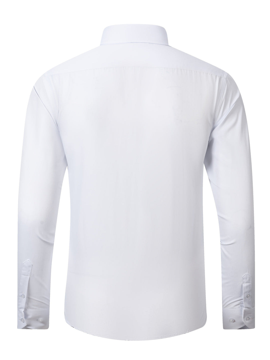 Camicia bianca da uomo a maniche lunghe, vista posteriore. Design classico, colletto tradizionale, ideale per abbigliamento formale o ufficio.