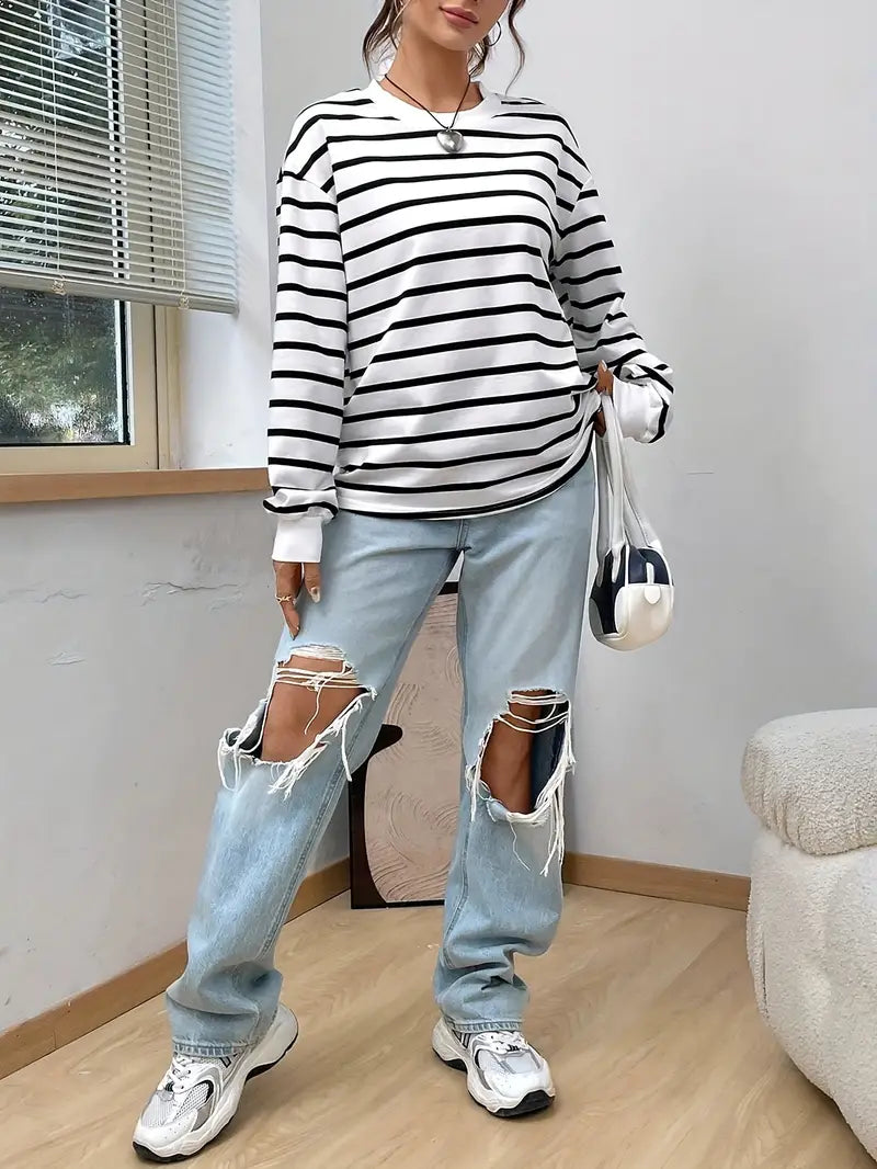 Felpa Donna Casual a Righe Girocollo Regular Fit