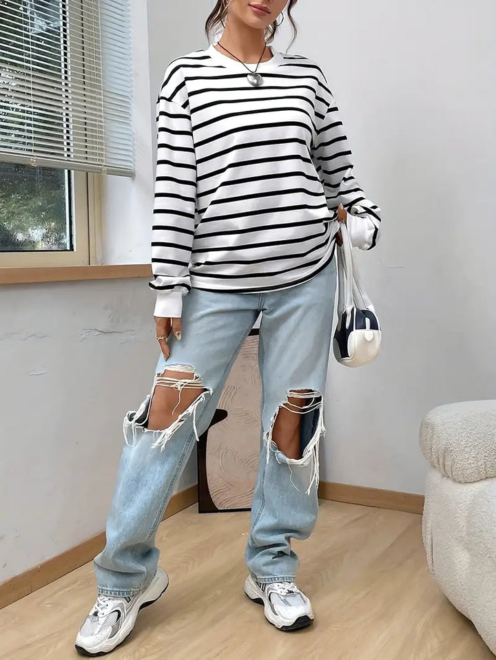 Felpa Donna Casual a Righe Girocollo Regular Fit