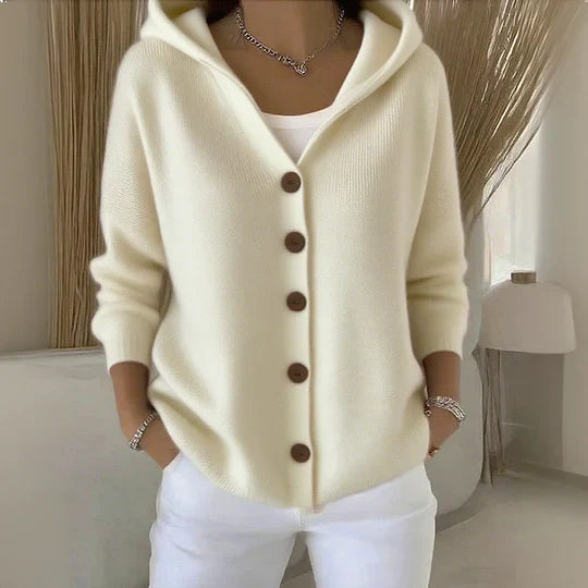 Gilet Donna in Maglia con Cappuccio Bottoni Frontali