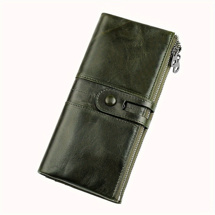Portafoglio in pelle verde scuro con chiusura a bottone e cerniera laterale, design elegante e funzionale, accessorio moda uomo e donna.