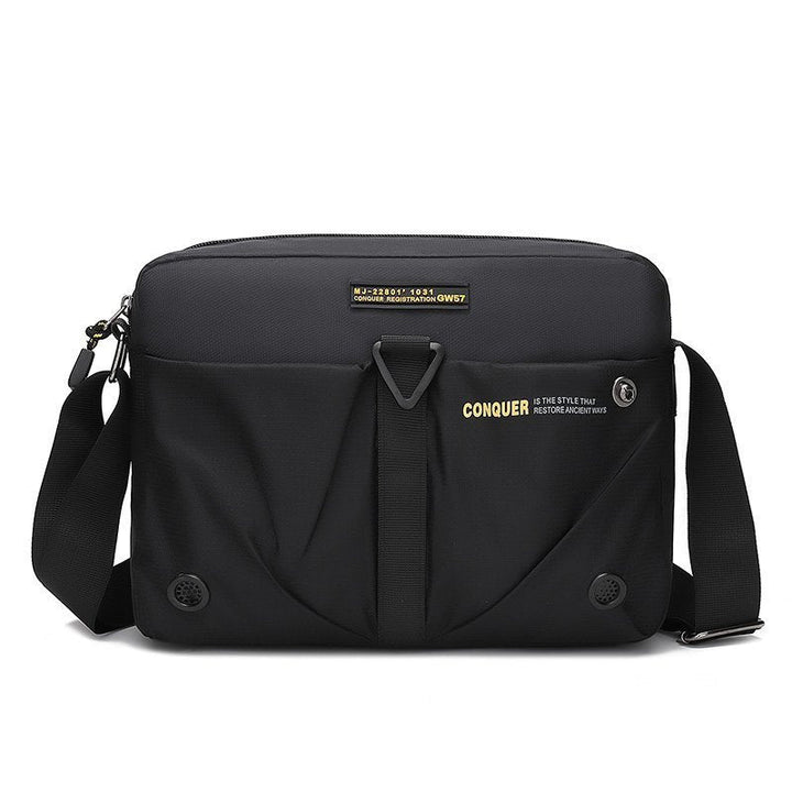 Borsa a tracolla nera unisex, design moderno, tasche multiple, chiusura zip, materiale resistente all'acqua, ideale per lavoro e viaggio.