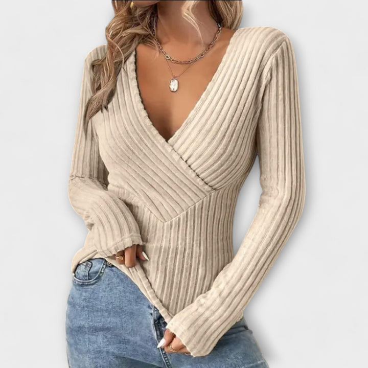 Maglione Donna Maglia a Coste in Lana Scollo a V Manica Lunga - Vesarelli