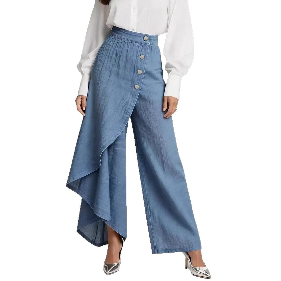 Pantaloni Donna Finto Denim Gamba Dritta Bottoni Arricciati