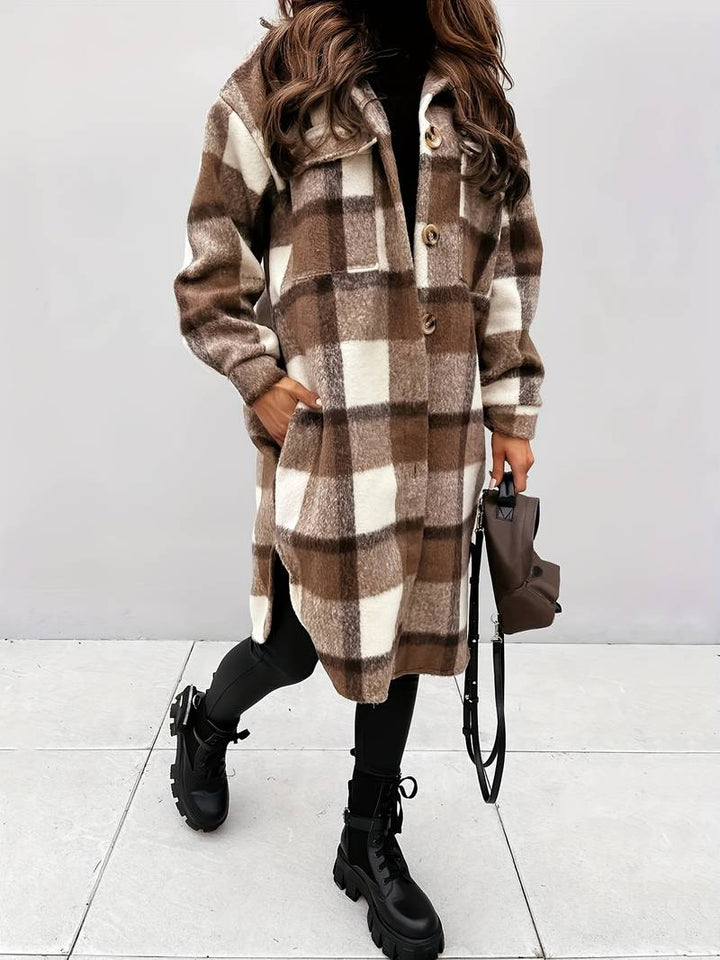 Cappotto Lungo Donna in Tessuto a Quadri Vestibilità Confortevole