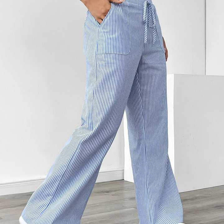 Pantaloni Donna Lounge in Tessuto a Righe Vita Alta Gamba Larga