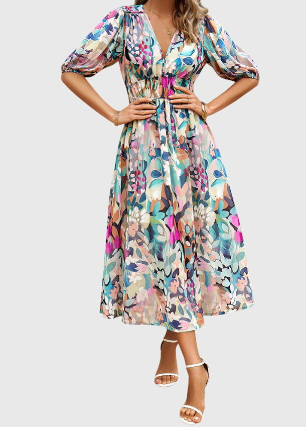 Abito Midi Donna in Tessuto Floreale Taglio Valorizzante