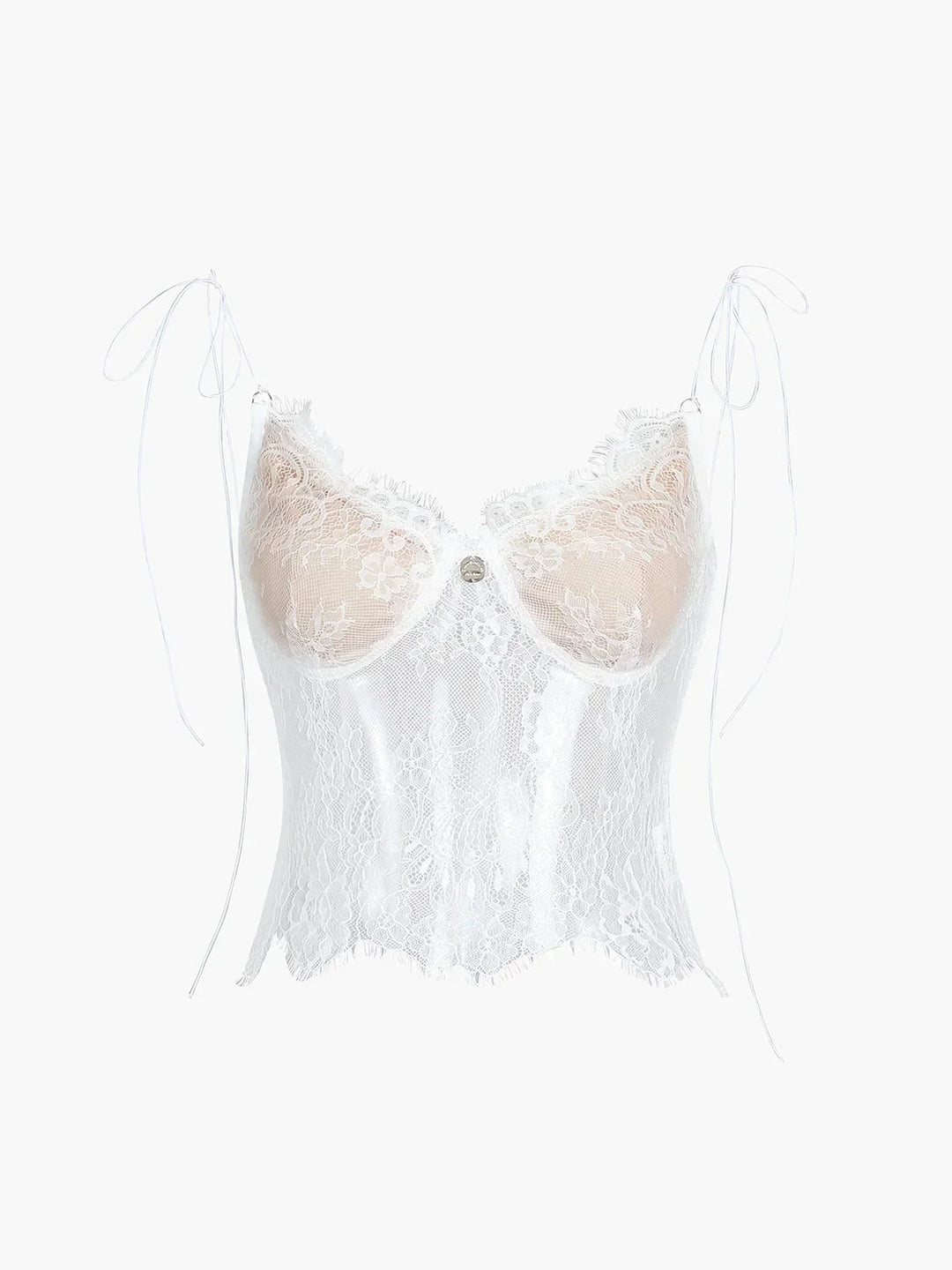 Débardeur blanc en tissu léger avec dentelle ajustable et fines bretelles, parfait pour un look décontracté.