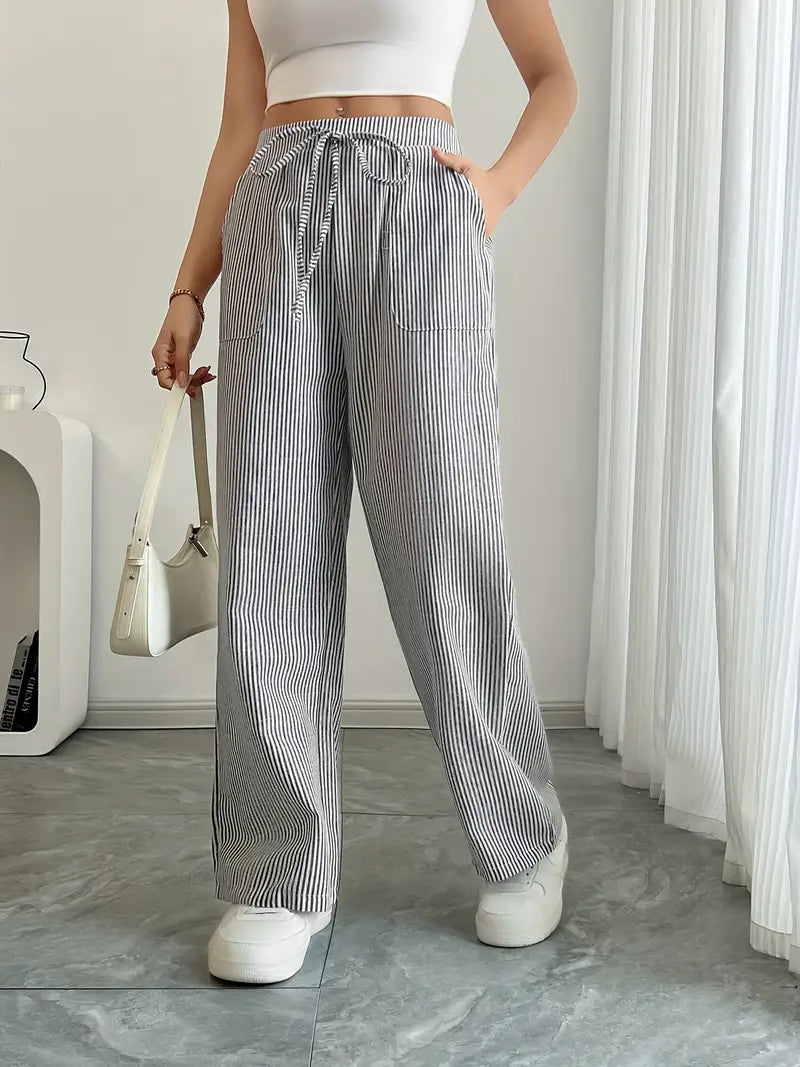 Pantaloni Donna Lino Leggeri Traspiranti Gamba Larga Tasche