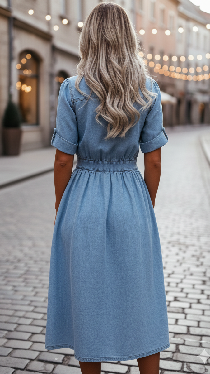Abito Midi Donna in Denim con Camicia e Cintura