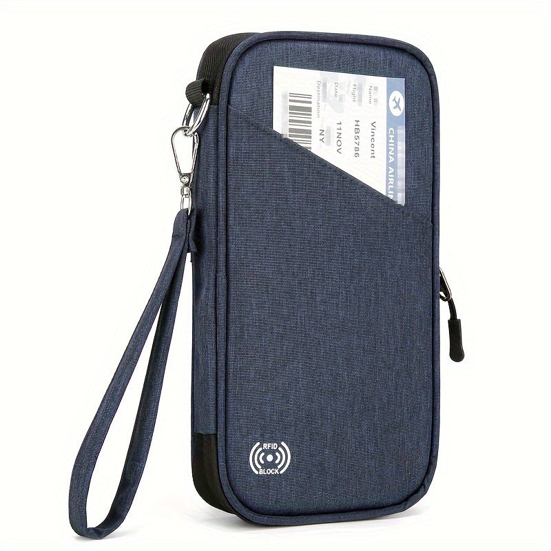 Custodia da viaggio blu con protezione RFID, tasca frontale per passaporto, cinturino da polso e chiusura a zip. Ideale per documenti e carte.