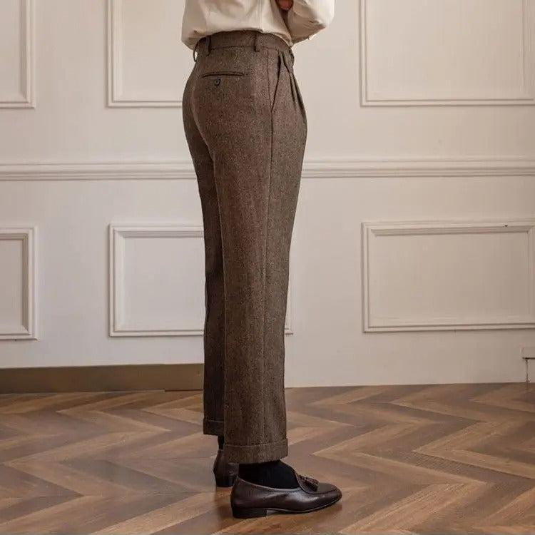 Pantalone Uomo Vita Alta Doppia Piega Gamba Dritta
