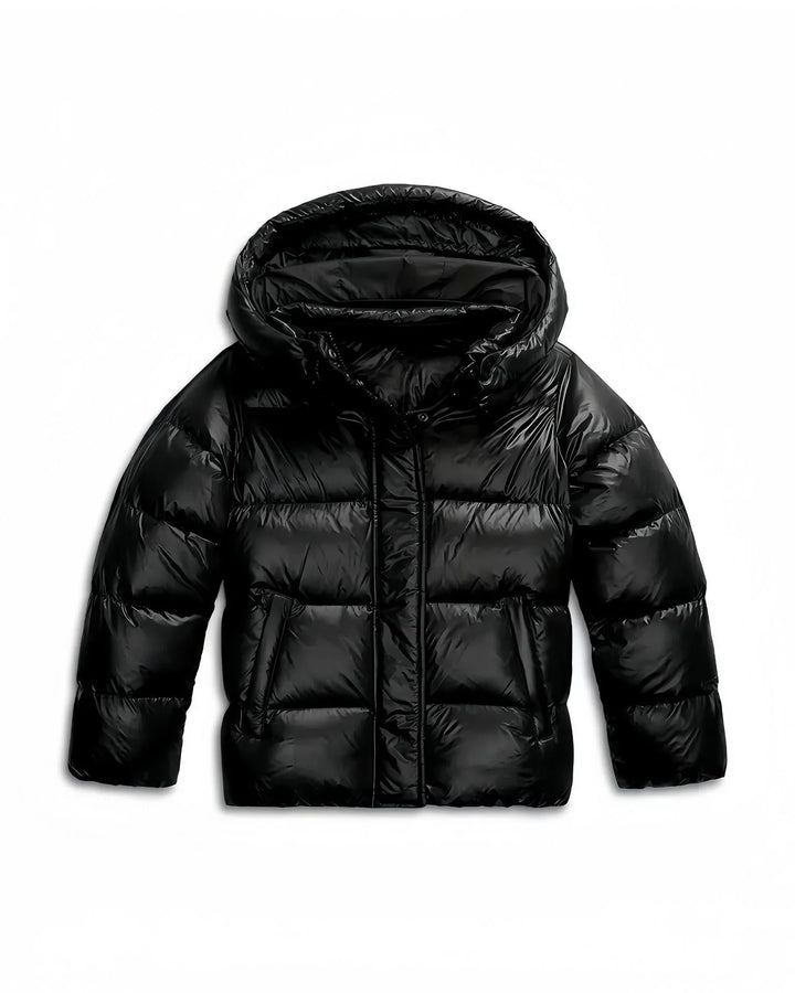 Doudoune femme noire à capuche, coupe vent, doublure chaude et poches pratiques pour les conditions froides.