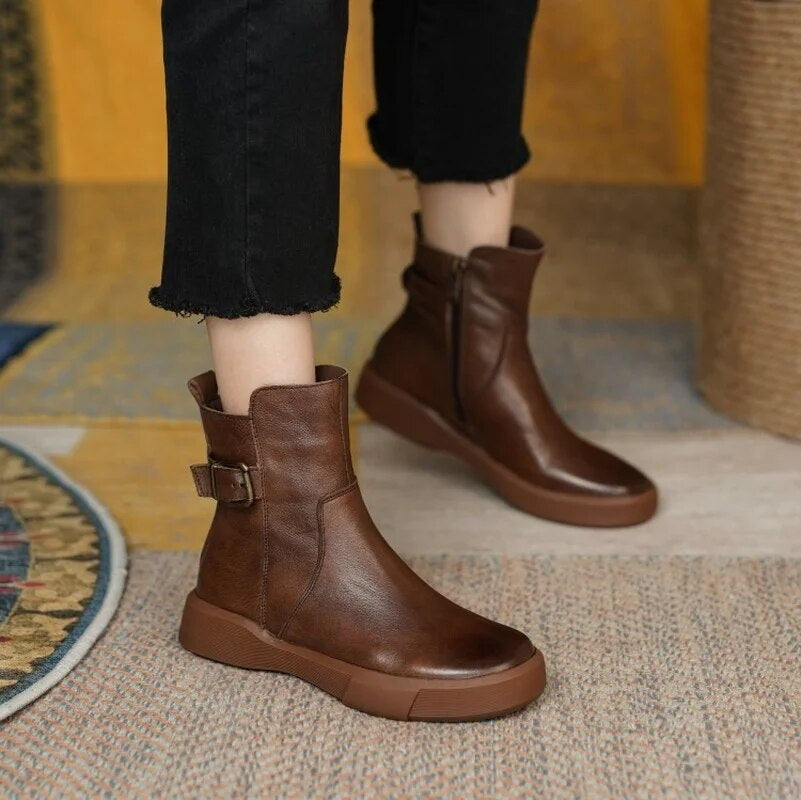 Stivaletti Donna in Pelle Suola Piatta Stile Vintage Elegante