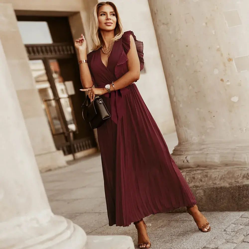 Abito Lungo Donna Plissettato Scollo a V Senza Maniche Volant