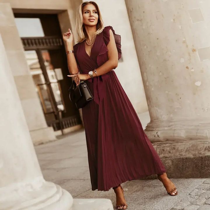Abito Lungo Donna Plissettato Scollo a V Senza Maniche Volant