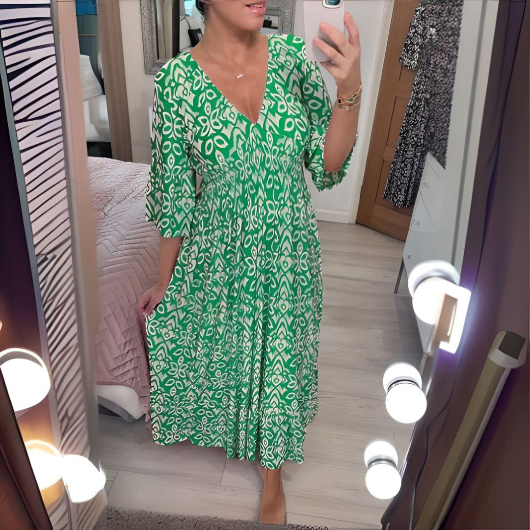 Abito Donna Stampa Grafica Scollo a V Vestibilità Ampia Lunghezza