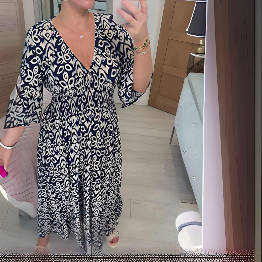 Abito Donna Stampa Grafica Scollo a V Vestibilità Ampia Lunghezza
