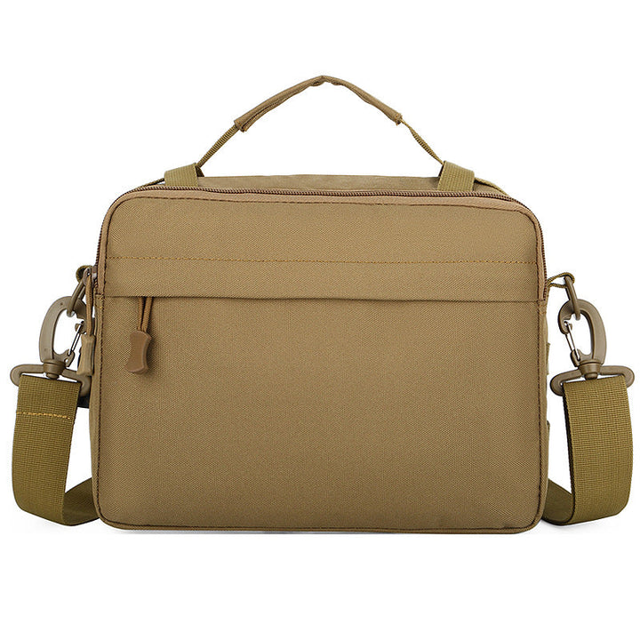 Borsa a tracolla beige per laptop, design moderno e resistente, con manico superiore e tasca frontale. Ideale per lavoro e viaggio.