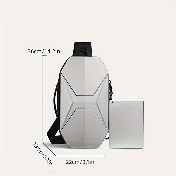 Zaino antifurto grigio, design geometrico, dimensioni 36x22x13 cm, con tasca per tablet. Ideale per viaggi e lavoro, stile moderno e sicuro.