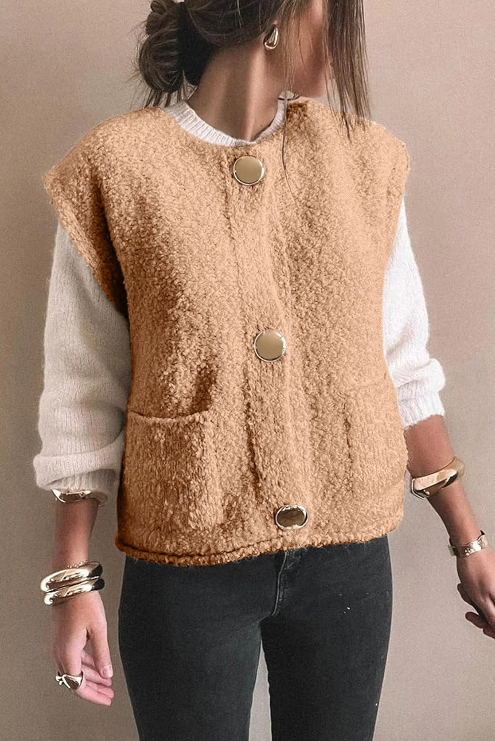Gilet Donna Teddy con Bottoni Vestibilità Comoda