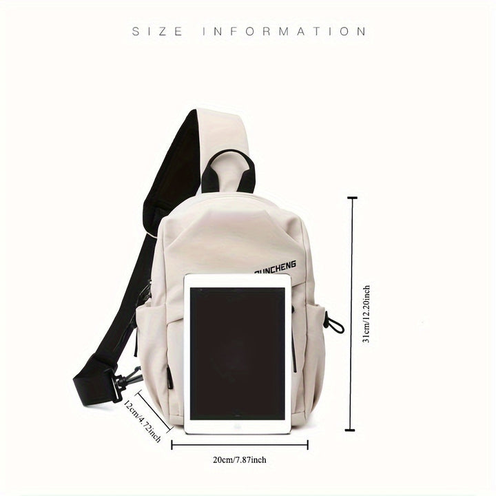 Zaino beige con tasche multiple, dimensioni 31x20x12 cm, adatto per tablet 8 pollici. Design moderno, ideale per scuola e lavoro.